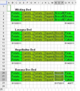 Garden Map on a spreadsheet showing the different rows and plants